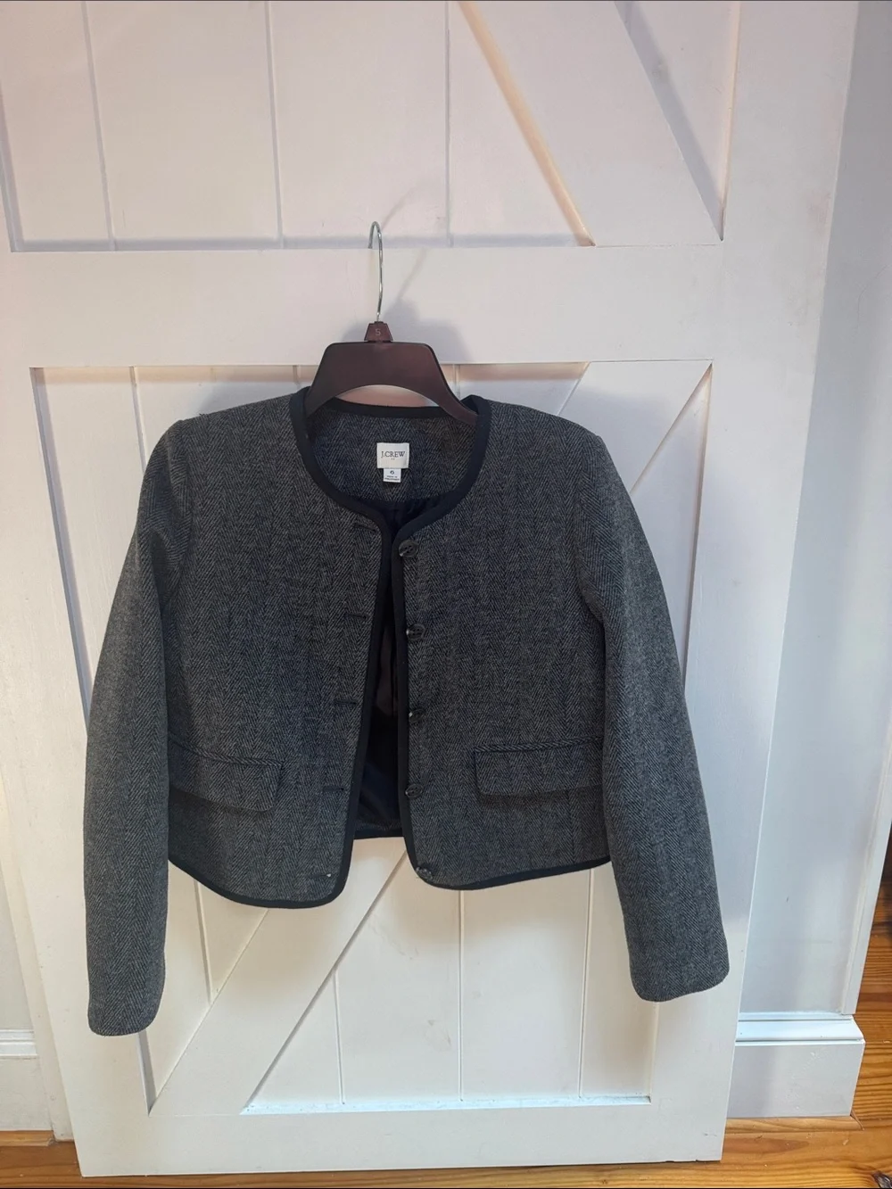 J. Crew Gray Collarless Cropped Wool-Blend Jacket